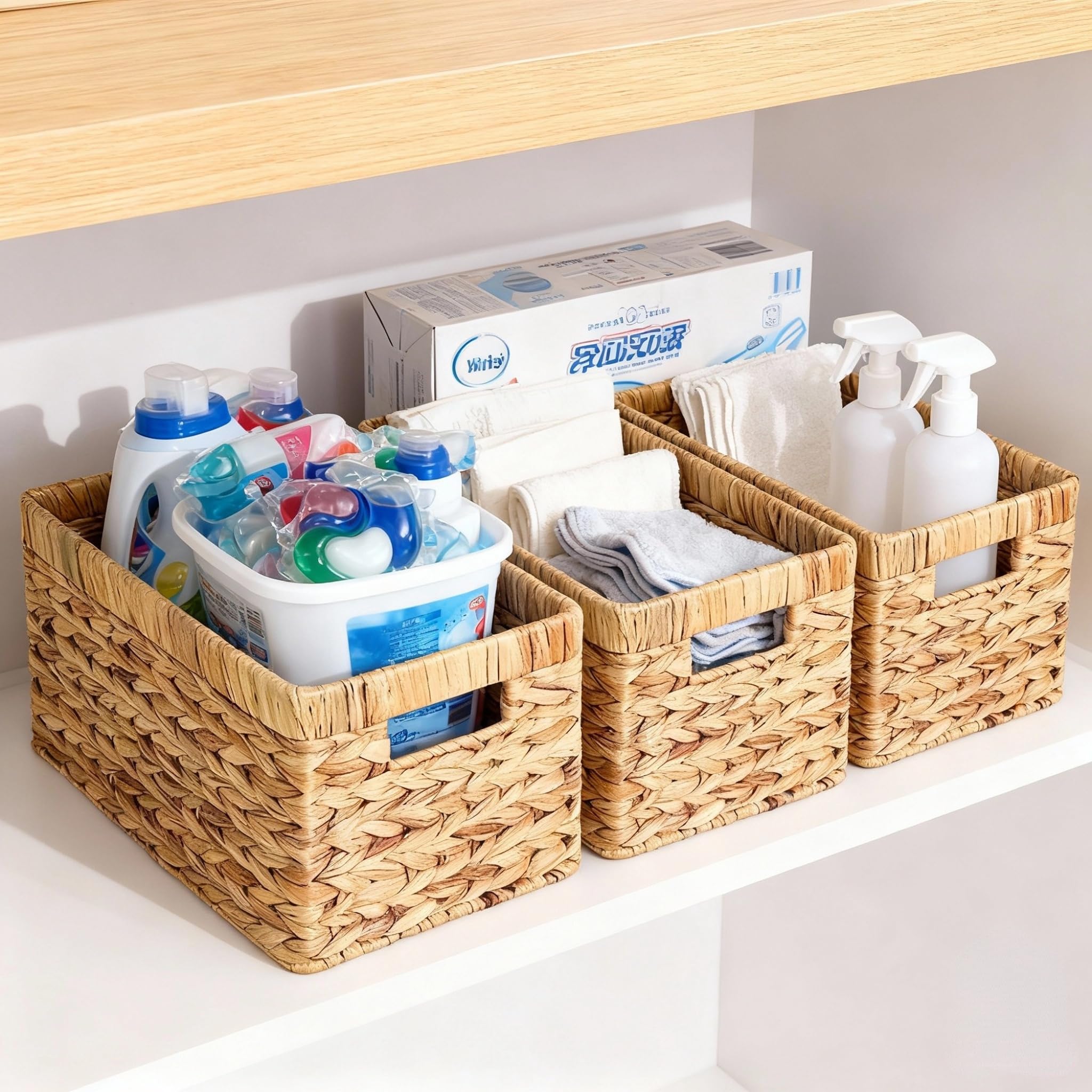 Water Hyacinth Storage Baskets for Shelves, Set of 4 Wicker Pantry Shelf Baskets with Built-In Handles, Woven Organizer Bins for Closet, Bathroom, Kitchen Cabinets, 13 x 8.25 x 7 In