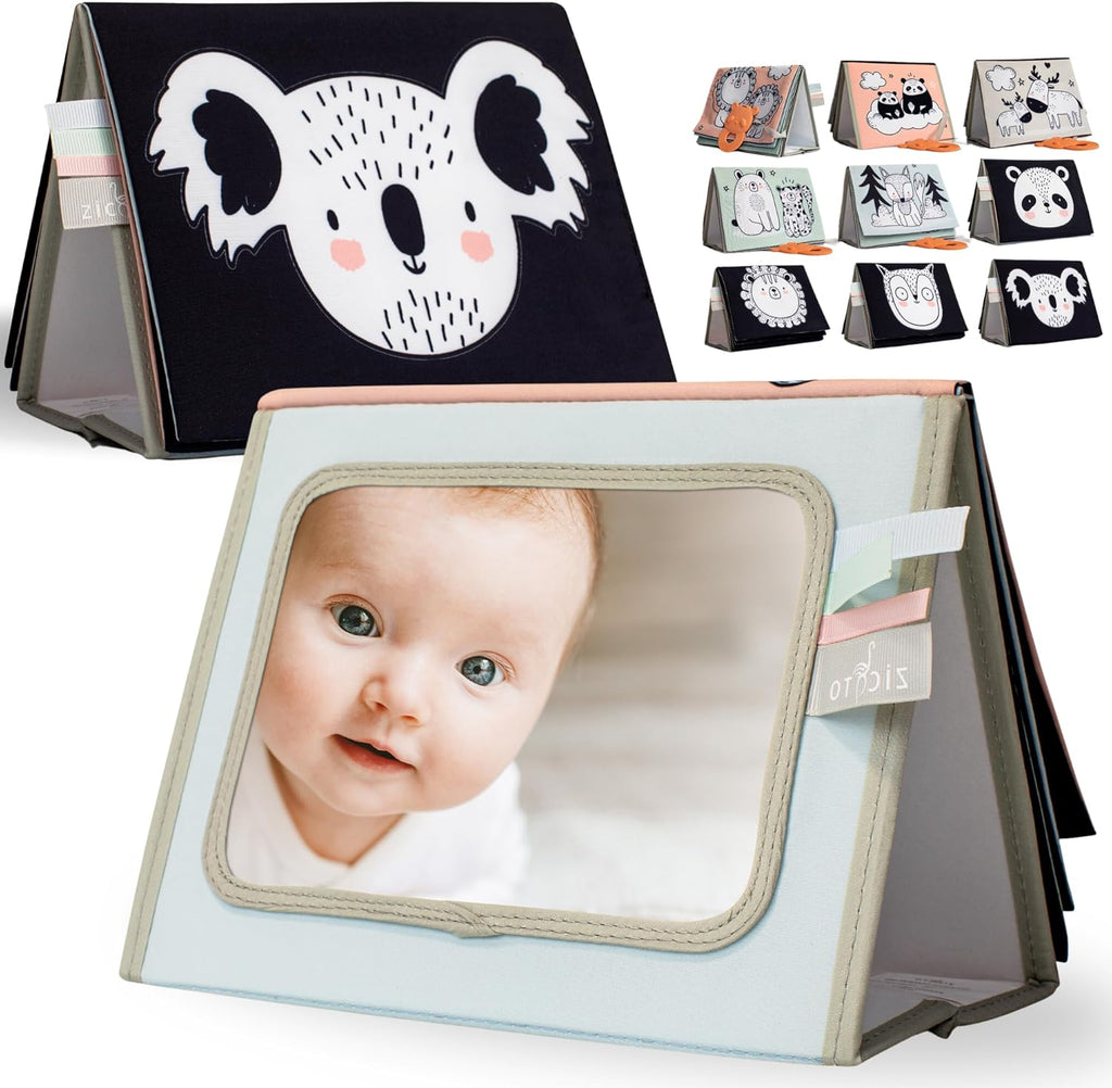 Skiennix Soft Tummy Time Book - High Contrast Montessori Toy with Safe Mirror & Crinkle Filling | Ideal for Newborn Development