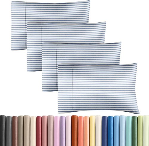 King Pillow Cases by [Brand Name] - Ultra Soft Hotel Quality Covers | 4-Piece Set in Blue Stripes - Wrinkle Free & Fade Resistant