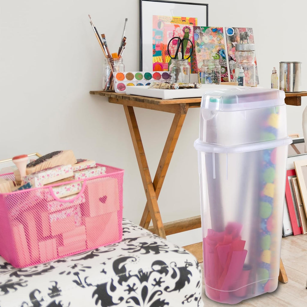 Rubbermaid Wrap N' Craft Plastic Wrapping Paper Organizer - Clear Storage for 20 Rolls & Top Compartment