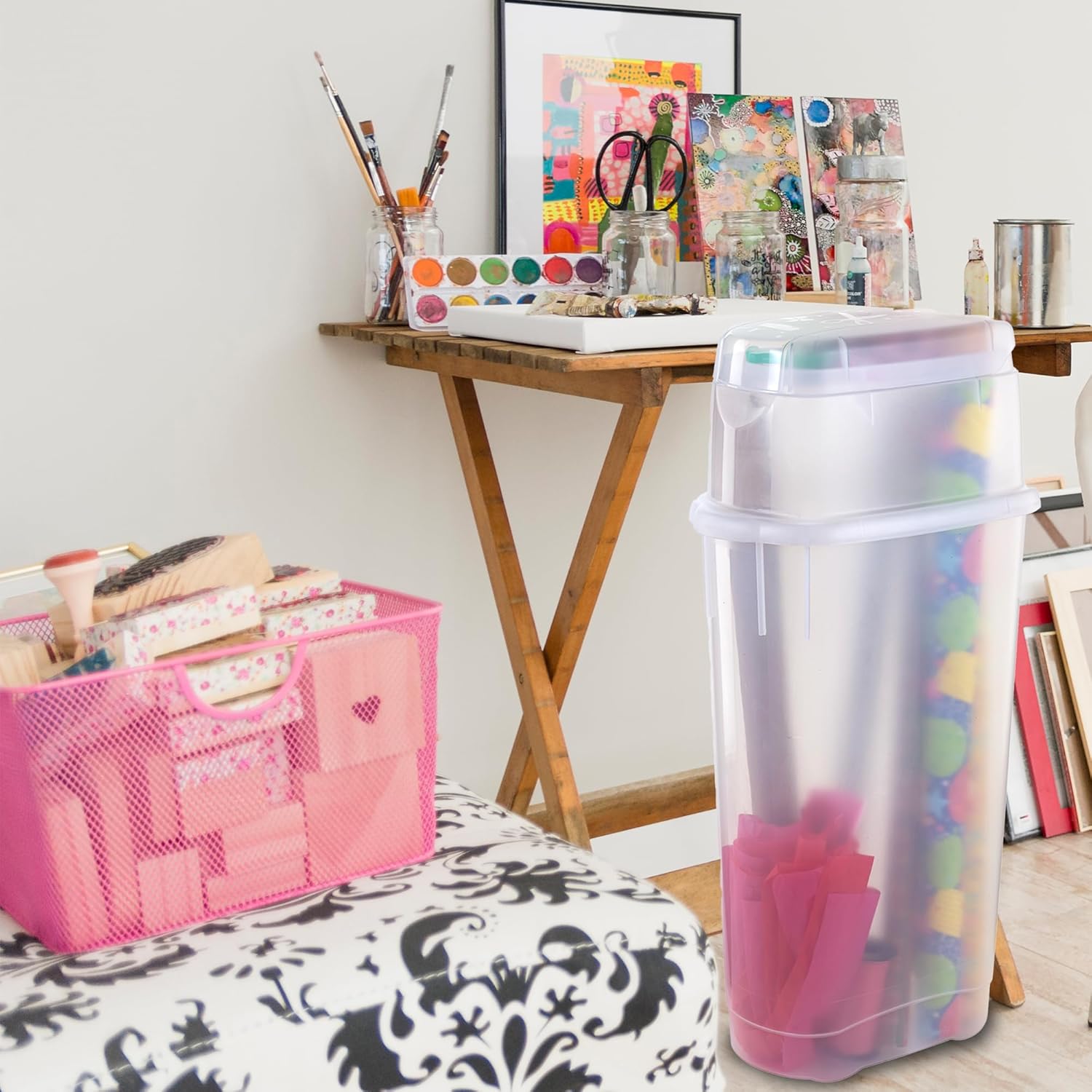 Rubbermaid Wrap N' Craft Plastic Wrapping Paper Organizer - Clear Storage for 20 Rolls & Top Compartment