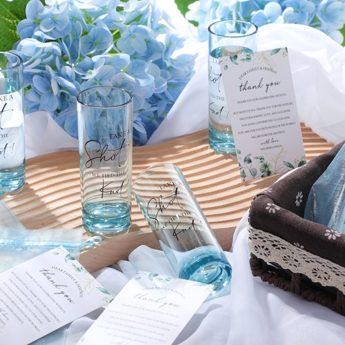 Sliner 100 Set Wedding Favors for Guests Bulk 2oz Acrylic Take a Shot We Tied the Knot Shot Glasses with Thank You Cards Organza Bags for Guest Souvenirs Wedding Newlyweds Bridal Shower Gifts (Blue)