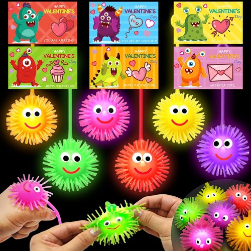 ZICZLI 24 Pack Valentines Day Gifts for Kids, LED Puffer Balls with Valentines Cards for Kids Stress Relief Balls Bulk Glow In The Dark for Boys Girls Classroom Exchange Prizes Party Favors Toys