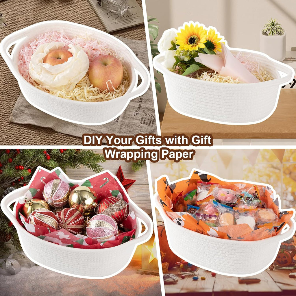 OIAHOMY Woven Gift Basket - Small Nursery Organizer with Handle, Ribbon & Tissue Paper | White