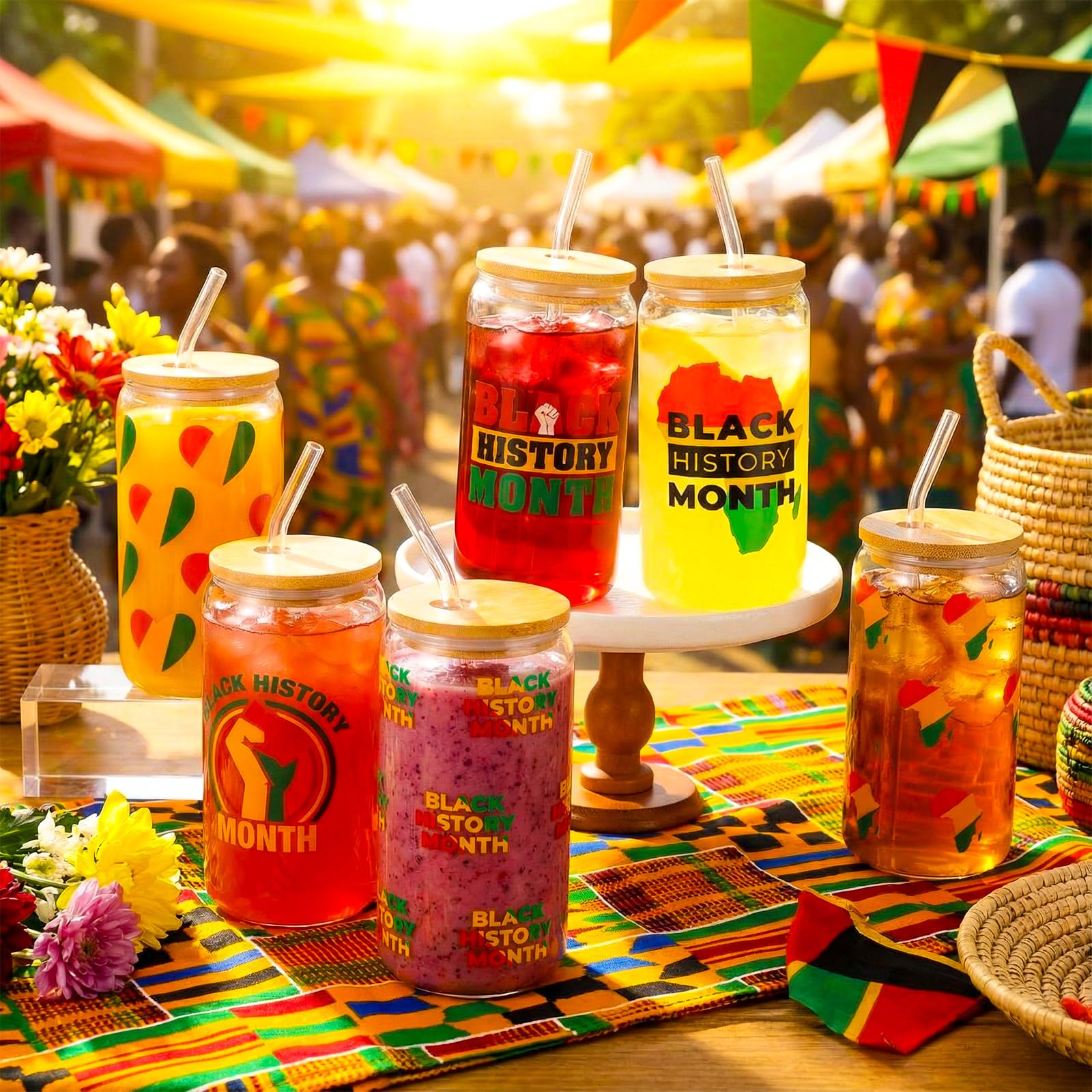 Acellegic 6 Pcs Black History Month Gifts Cups Glass Tumbler with Lids and Straws 16oz African American Bulk Party Favors Reusable Can Shaped Drinking Glasses for Juneteenth Party Supplies