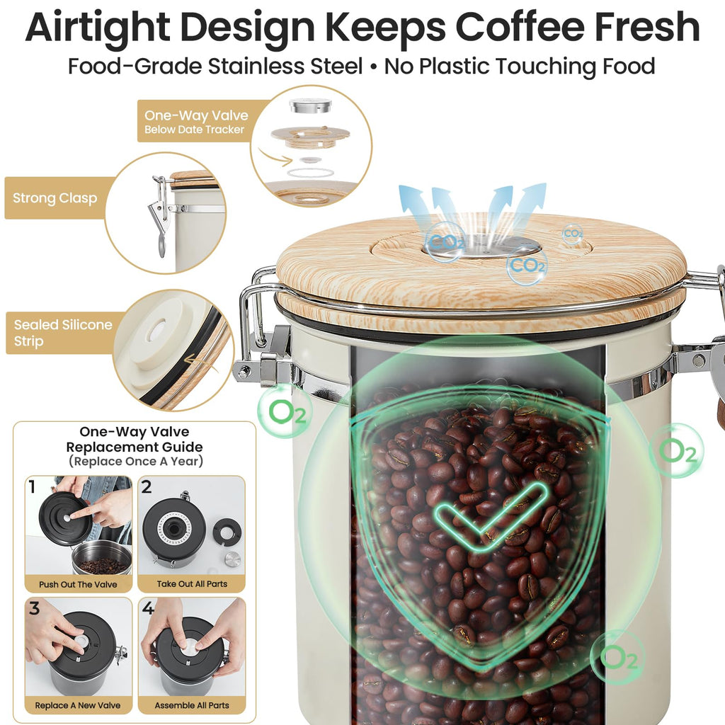 Veken Coffee Canister, Airtight Stainless Steel Kitchen Food Storage Container with Date Tracker and Scoop for Beans, Grounds, Tea, Flour, Cereal, Sugar, Cookie, 16OZ, Cream