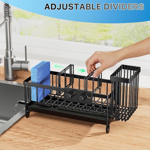 Cisily Sponge Holder for Kitchen Sink, Sink Caddy Organizer with High Brush Holder, Kitchen Countertop Organizers and Storage Essentials, Rustproof 304 Stainless Steel (Black with Smiley Face, 9.25″)