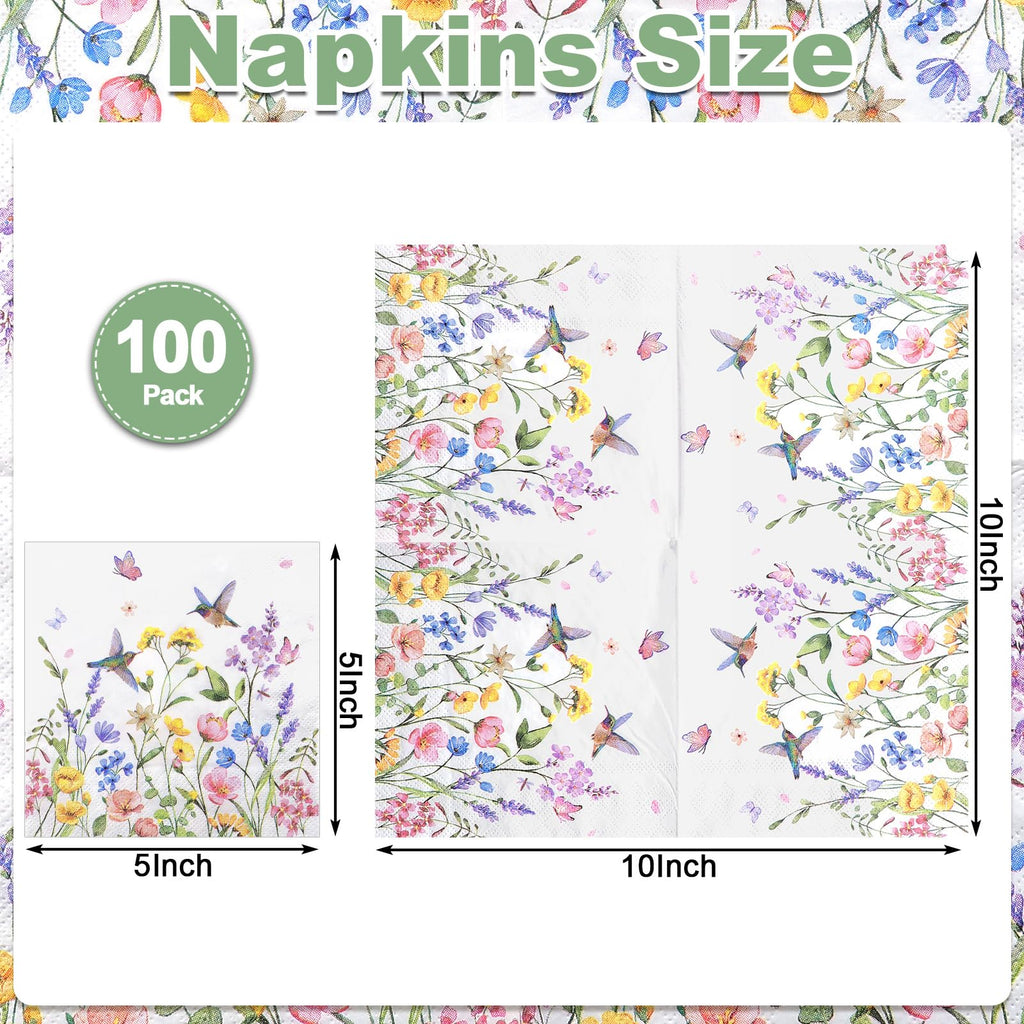 NatNarr 100 Pcs Wildflower Napkins, 2-Ply Floral Cocktail Napkins Spring Decoupage Napkin Butterfly Hummingbird Flower Dessert Beverage Napkin for Mothers Day, Baby Shower, Tea Party
