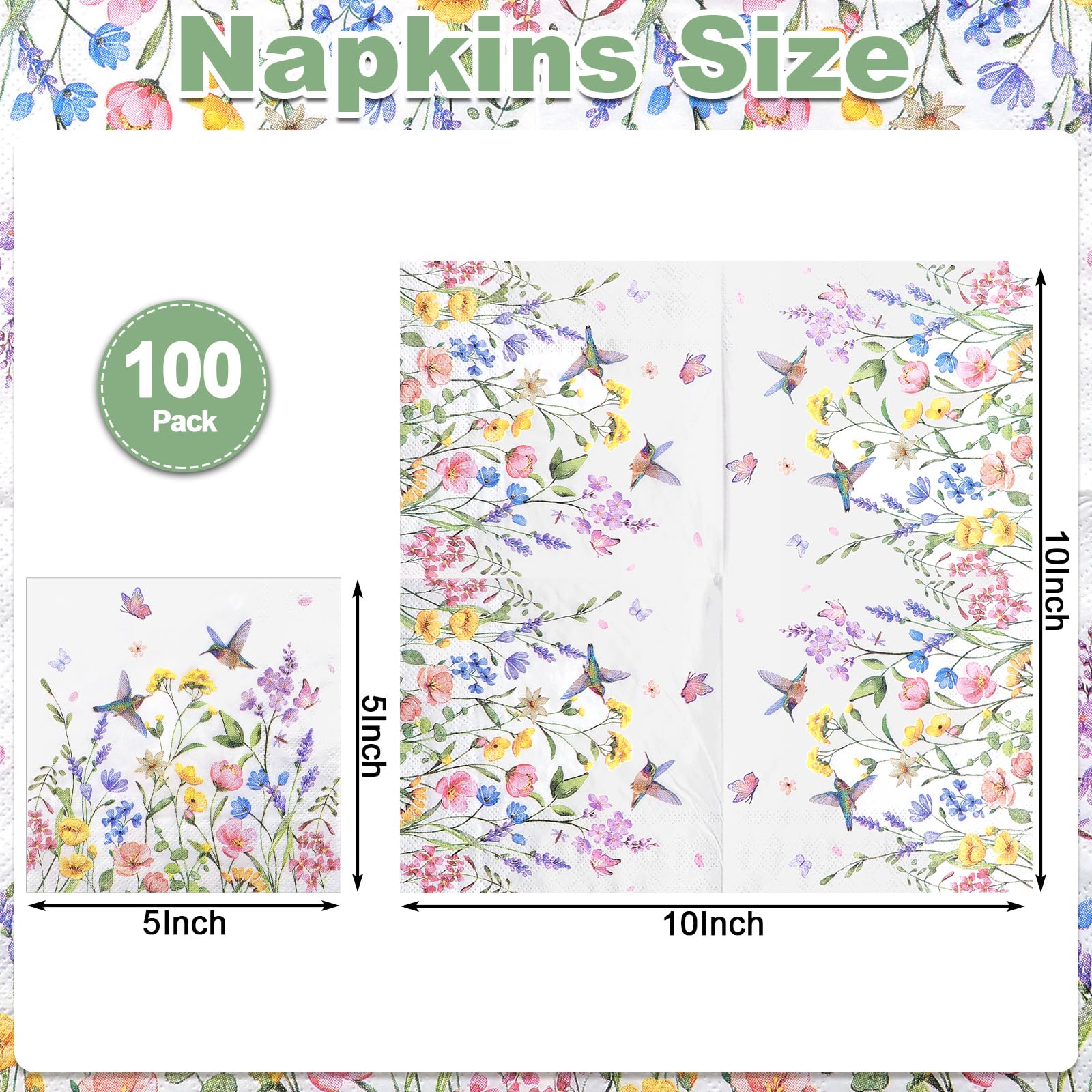 NatNarr 100 Pcs Wildflower Napkins, 2-Ply Floral Cocktail Napkins Spring Decoupage Napkin Butterfly Hummingbird Flower Dessert Beverage Napkin for Mothers Day, Baby Shower, Tea Party