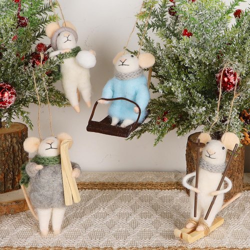 Juegoal Felt Skiing Mice Ornaments - Set of 4 Cute Winter Decor for Christmas Tree & Wreath