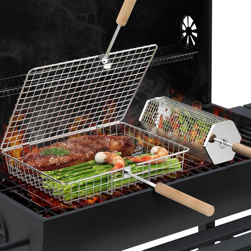 Ivtivfu Grill Basket Set - 304 Stainless Steel BBQ Tools with Removable Wooden Handle | Perfect for Vegetables & Fish