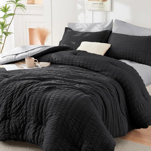 HYMOKEGE Full Size Comforter Set - Luxury 7-Piece All-Season Bedding in Black/Light Grey