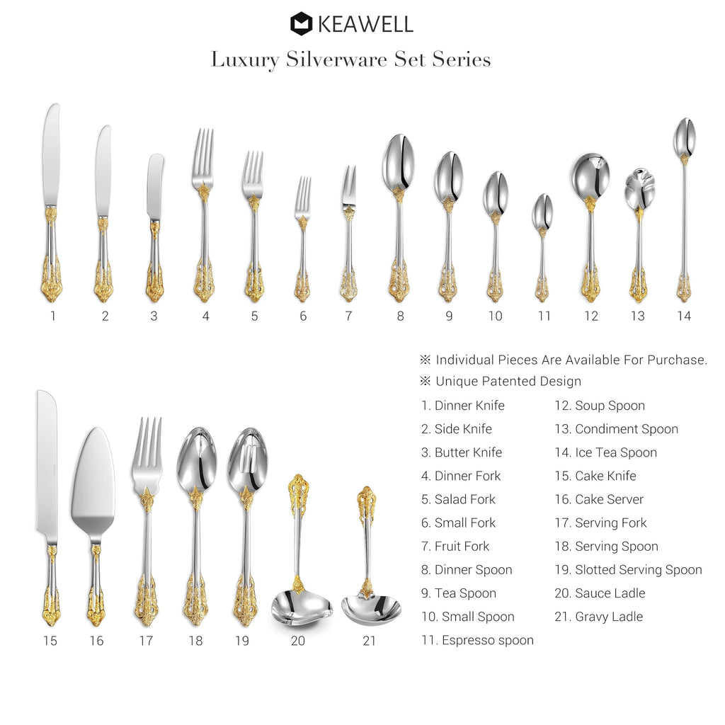KEAWELL Luxury 20 Pieces 18/10 Stainless Steel Flatware set, Service for 4, silver plated with gold accents, Fine Silverware set and Dishwasher Safe (Gold Accent)