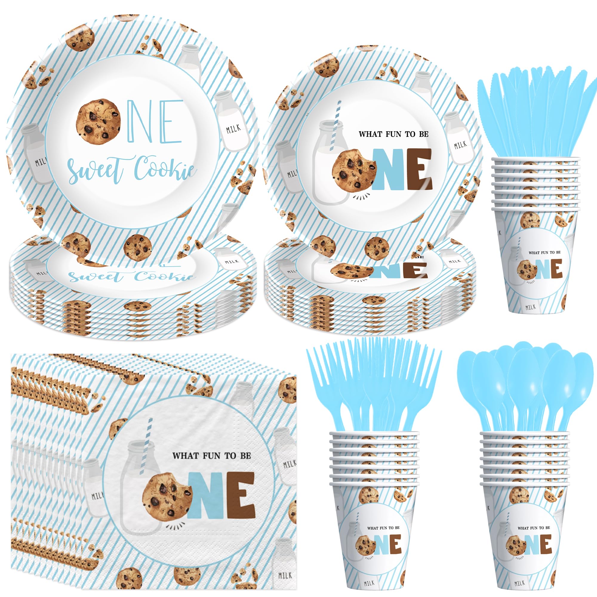 HIPVVILD Milk and Cookies 1st Birthday Decorations Tableware - One Sweet Cookie Birthday Party Supplies, Milk Theme Paper Plates and Napkins Set, Disposable Cutlery | Serves 24