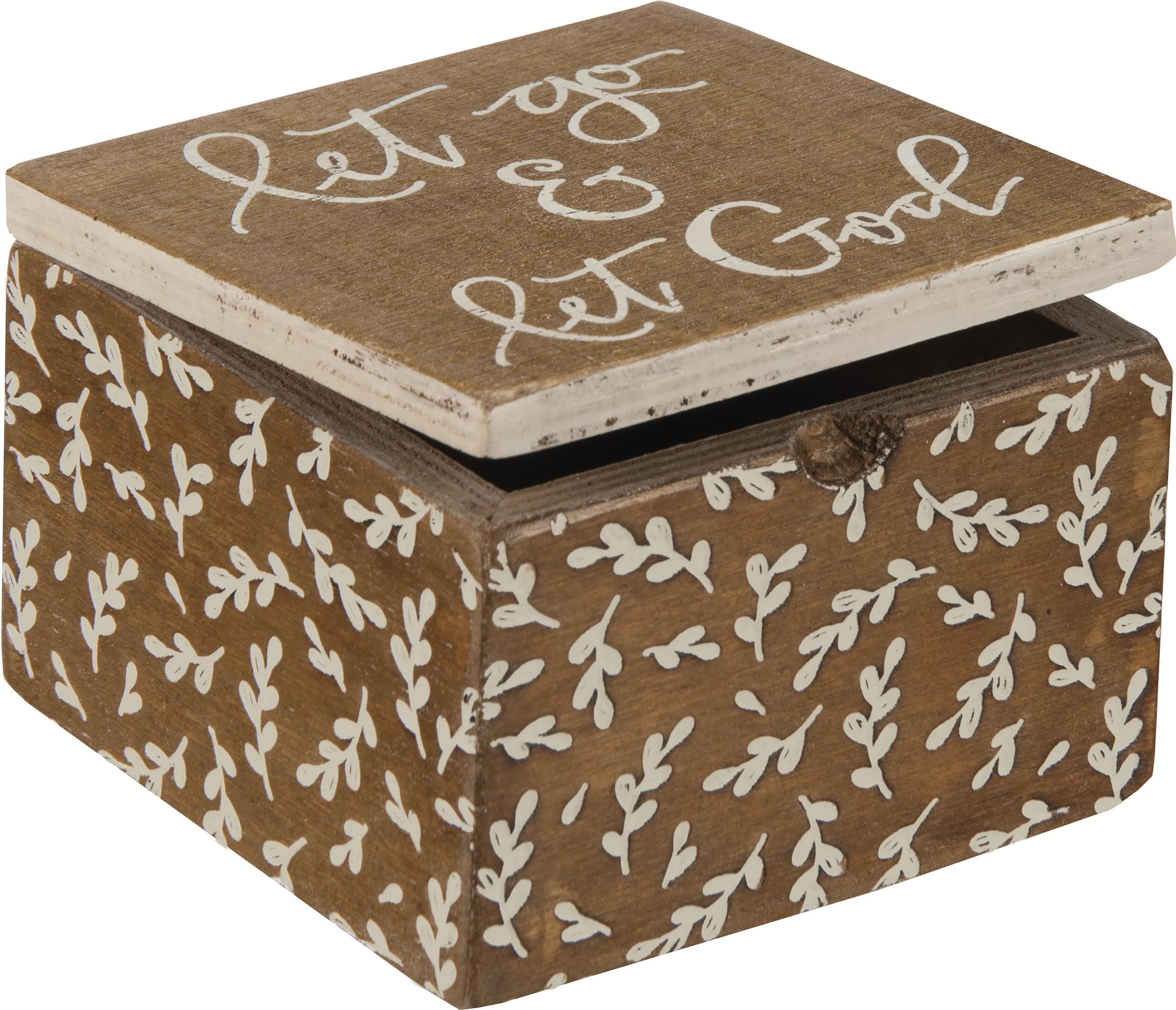 Primitives by Kathy Stylish Prayer Box, Embossed Let Go & Let God Sentiment and Leaf Pattern, Natural Wood Box with Hinged Lid, Faith Gift Ideas, 4 by 4 Inches, Keepsake Storage