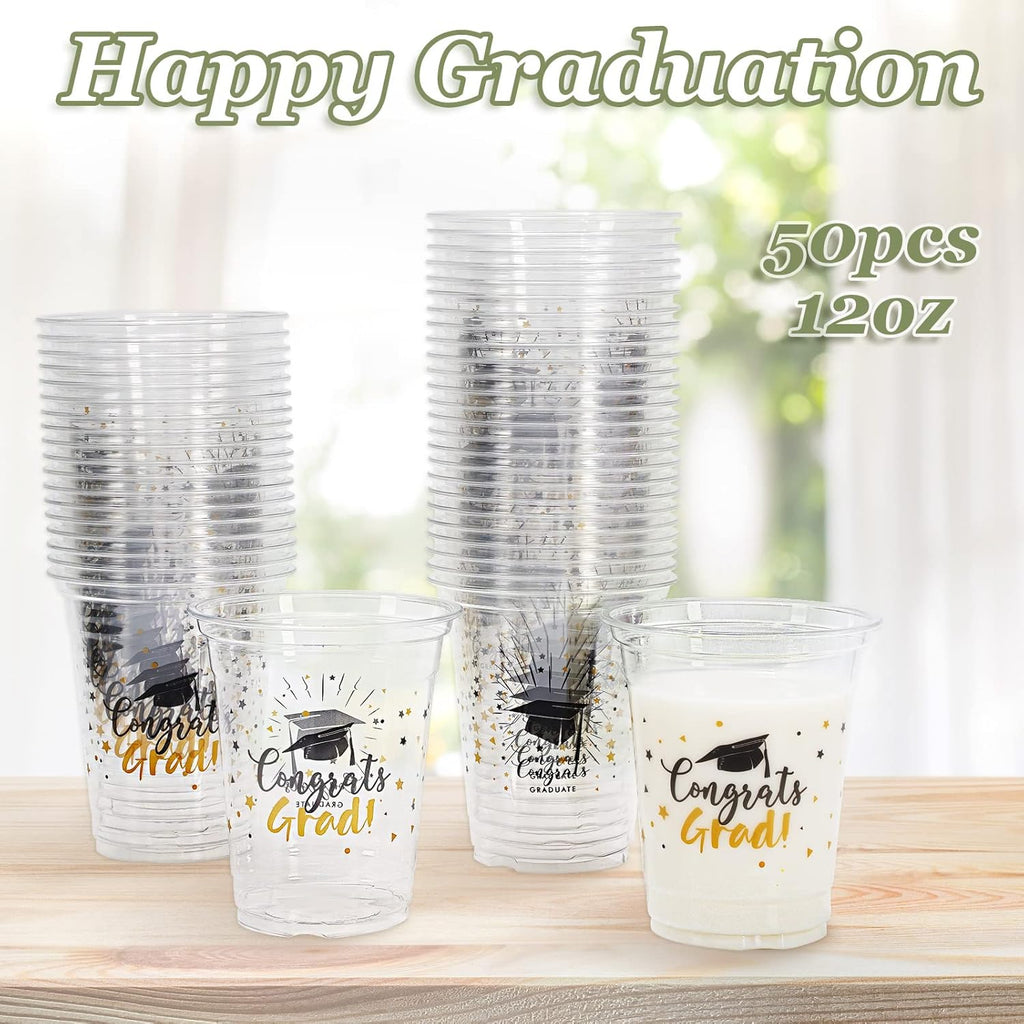 Whaline Graduation Cups - 12oz Black & Gold Disposable Party Cups | 50-Pack for Class of 2025 Celebrations