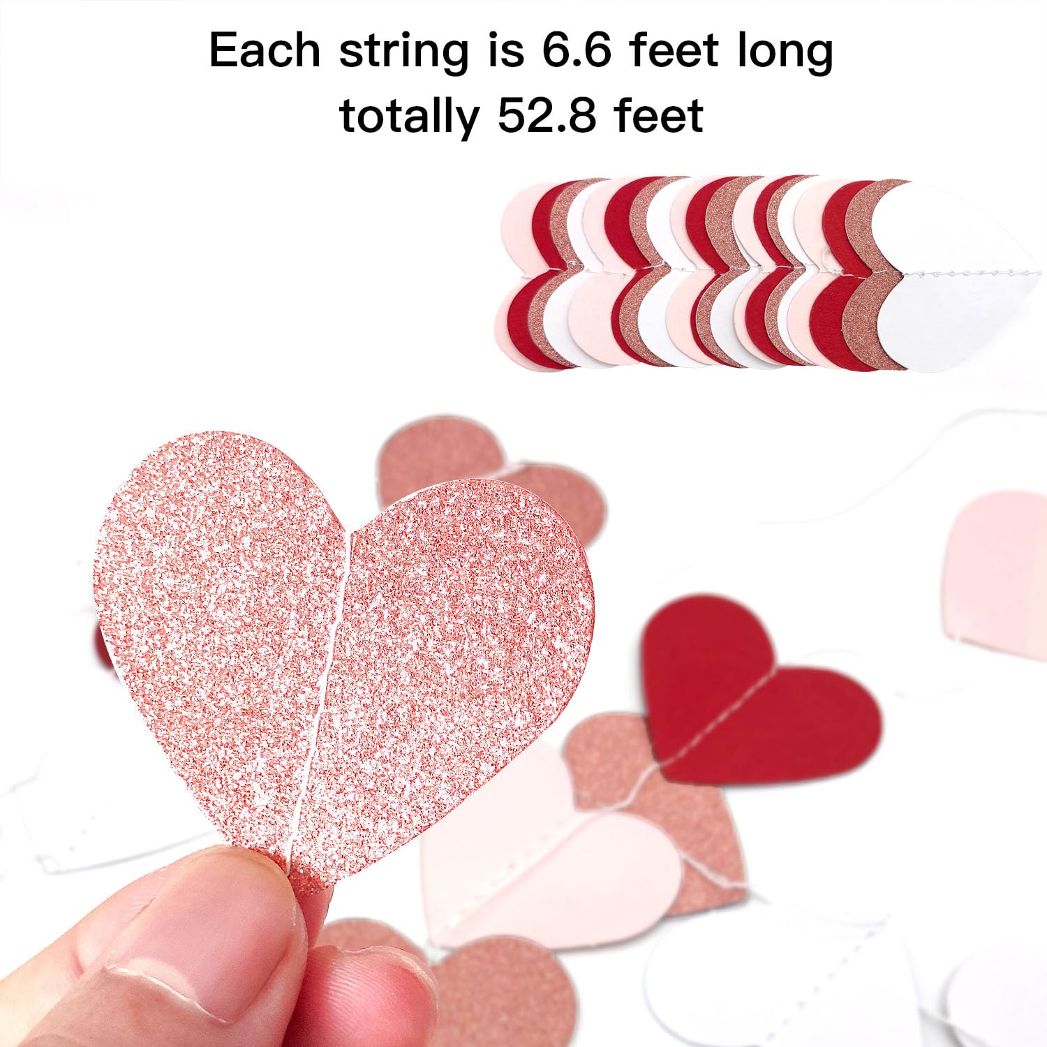 XIANMU 8 Strands Heart Garland Valentines Day Heart Paper Streamers Banner Rose-Gold Pink Burgundy-Red Party Decorations for Mothers Day Wedding Engagement Party Supplies