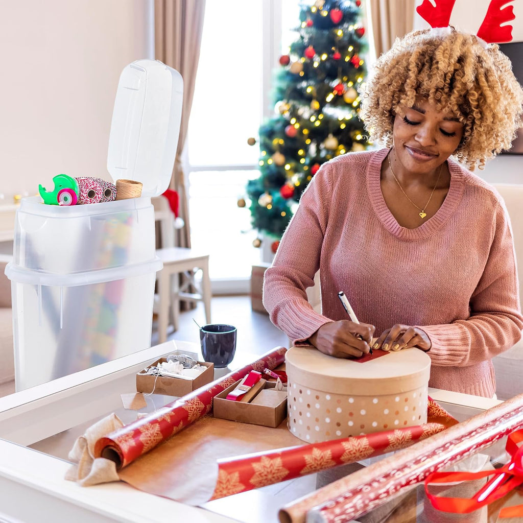 Rubbermaid Wrap N' Craft Plastic Wrapping Paper Organizer - Clear Storage for 20 Rolls & Top Compartment
