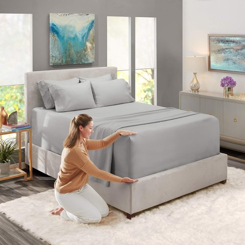 Hearth & Harbor Twin Extra Deep Pocket Sheet Set - Fits Mattresses 18-24 Inches Deep - Silver 4-Piece