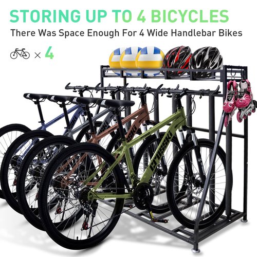 4 Bike Stand Rack with Storage – Bike Rack Floor Stand- Garage Organizer - 2024 Upgrade Tube Diameter 19mm with 8 Sponge Columns - Indoor Bike Storage for Parking Road, Mountain, Hybrid or Kids Bikes