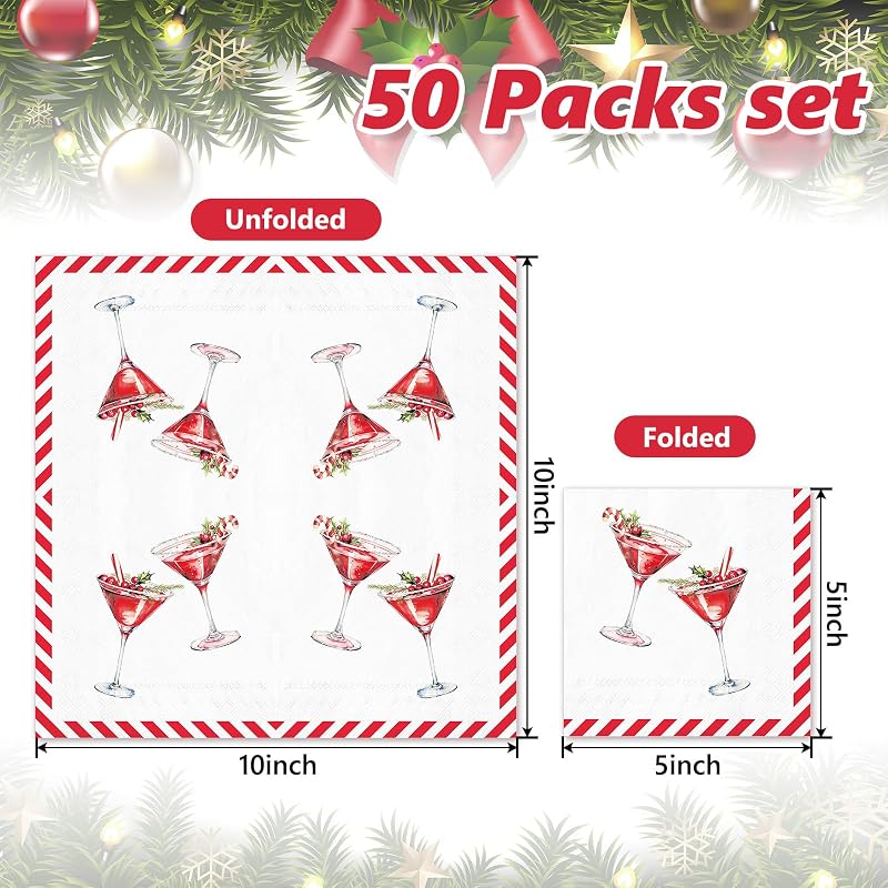Christmas Martini Napkins 50Pcs - Red Stripe Disposable Paper Napkins 5x5in (10x10in) Santa Holiday Party