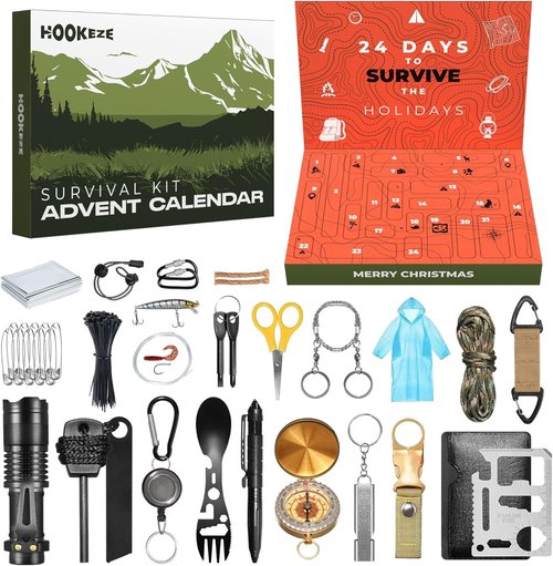 HOOK-EZE Survival Kit Advent Calendar 2025 - 24 Days of Essential Survival Gear for Camping & Hiking
