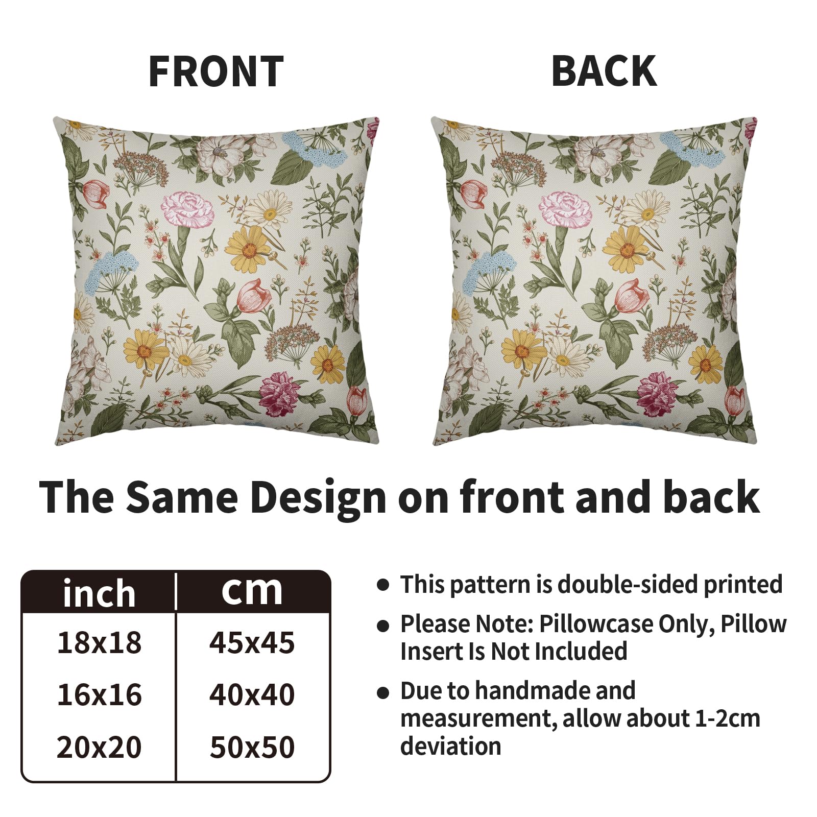 Spring Floral Pillow Covers 18X18 Set of 2, Botanical Print Green Flower Plant Pattern Decorative Throw Pillowcases Outdoor Farmhouse Seasonal Cushion Cases Couch Sofa Bed Decor