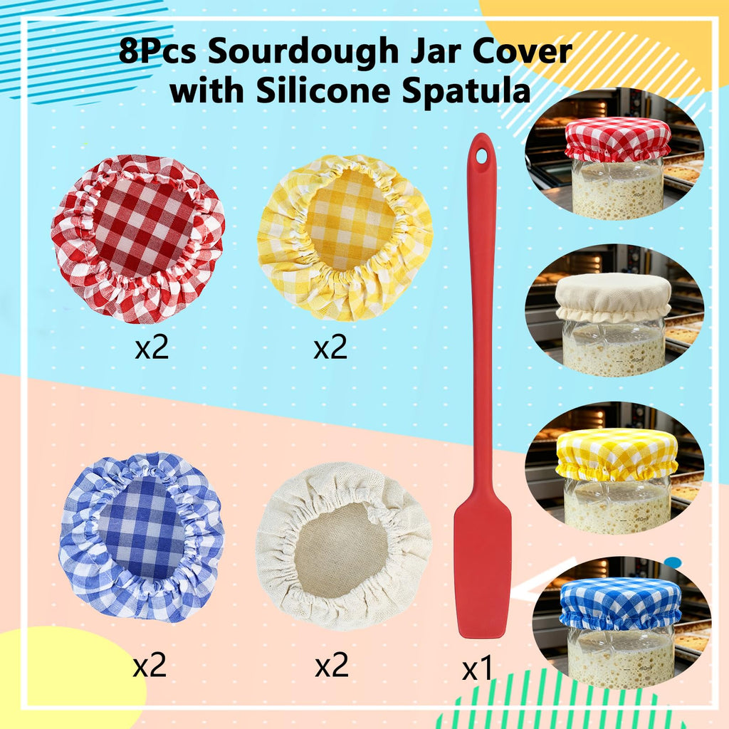 WVD 8 Pcs Sourdough Jar Cover with Silicone Spatula, Bread Proofing Cover Cloth Bowl Covers Reusable, Sourdough Proofing Covers for 3-4 Inch Sour Dough Starter Jars