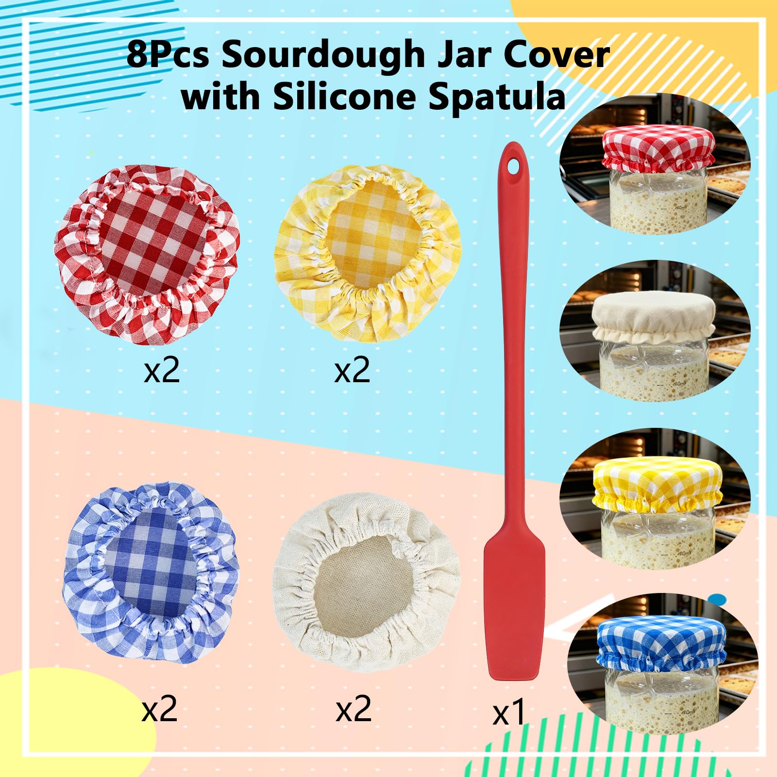 WVD 8 Pcs Sourdough Jar Cover with Silicone Spatula, Bread Proofing Cover Cloth Bowl Covers Reusable, Sourdough Proofing Covers for 3-4 Inch Sour Dough Starter Jars