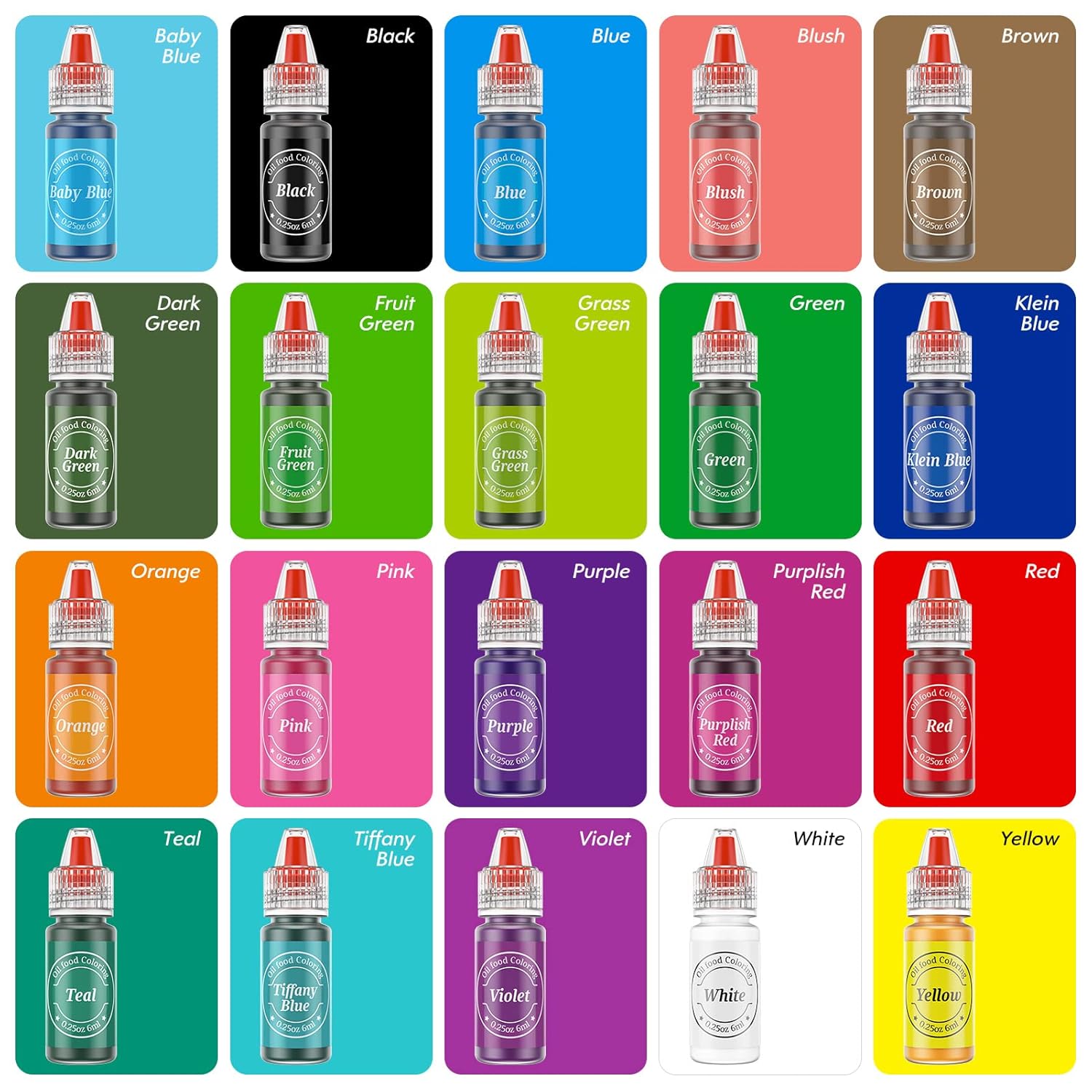 Nomeca Oil-Based Food Coloring Set - 20 Vibrant Colors for Cake Decorating | Food-Grade Edible Dye - 0.25 Fl. Oz Bottles