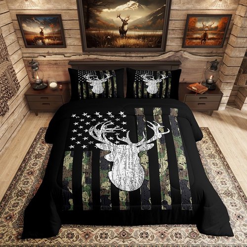 Deer Camo Comforter Set Queen Antlers Hunting Camo Bedding Sets For Teen Boys Men Camouflage American Flag Bed Comforter Set ,Western Farmhouse Wild Animal Bedding Quilt Black White Home Decor 3 Pcs