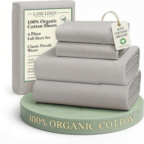 LANE LINEN Organic Cotton Bed Sheets - Full Size, Naturally Cooling, Deep Pocket, Machine Washable | Snowdrop