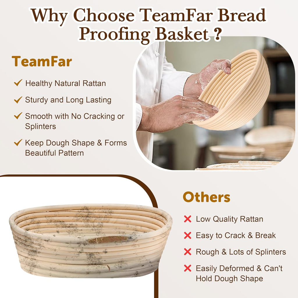 TeamFar Sourdough Bread Baking Kit - 9” Round & 10” Oval Proofing Baskets, Cloth Liner & Accessories