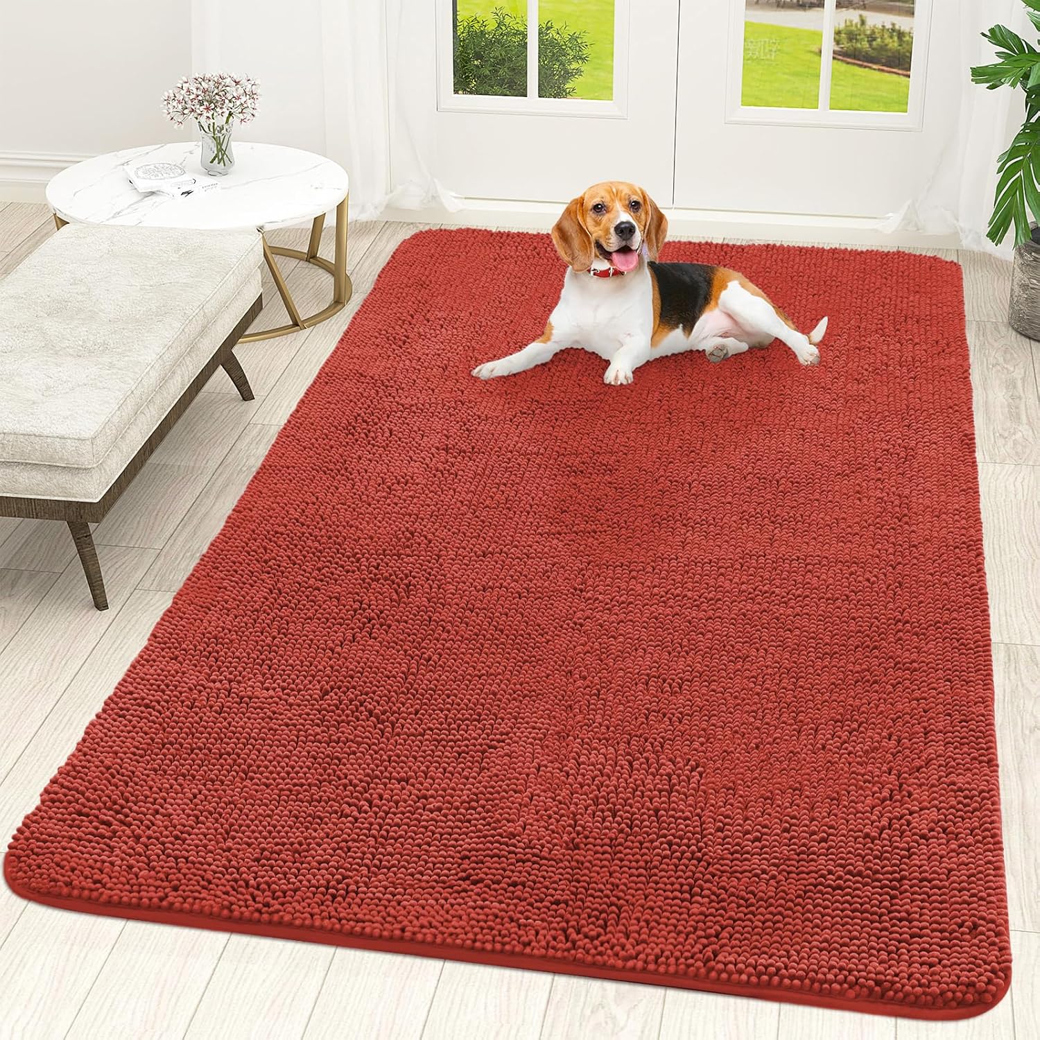 OLANLY Dog Door Mat - Absorbent Non-Slip Chenille Mat for Muddy Paws | 70x46, Quick Dry, Maple Red