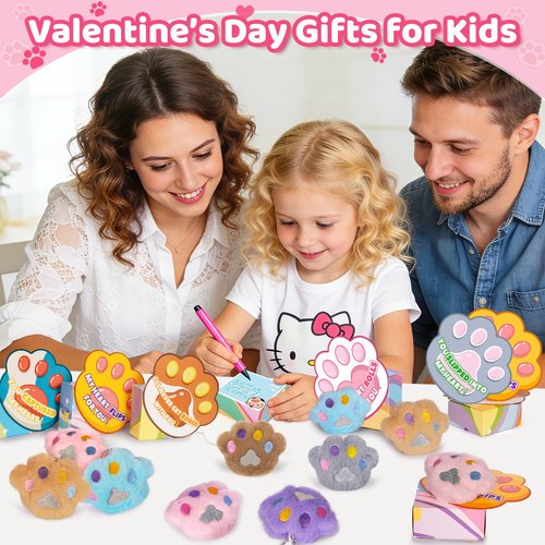24 PCS Kids Valentines Day Cards with Stuffed Cat Paws Toys, Valentines Day Gifts for Kids Classroom, Animal Plush Toy for School Valentines Gifts Exchange, Valentine Party Favors Supply for Boys Girls