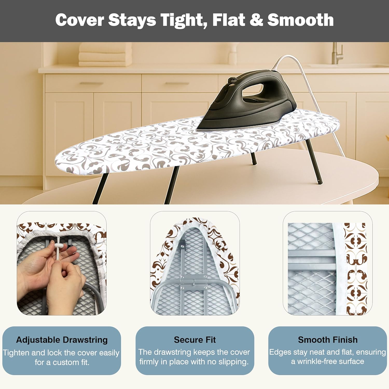 UniSimp Small Ironing Board Cover - Heat Resistant Cotton Canvas Pad | 12"x32" Taupe Design