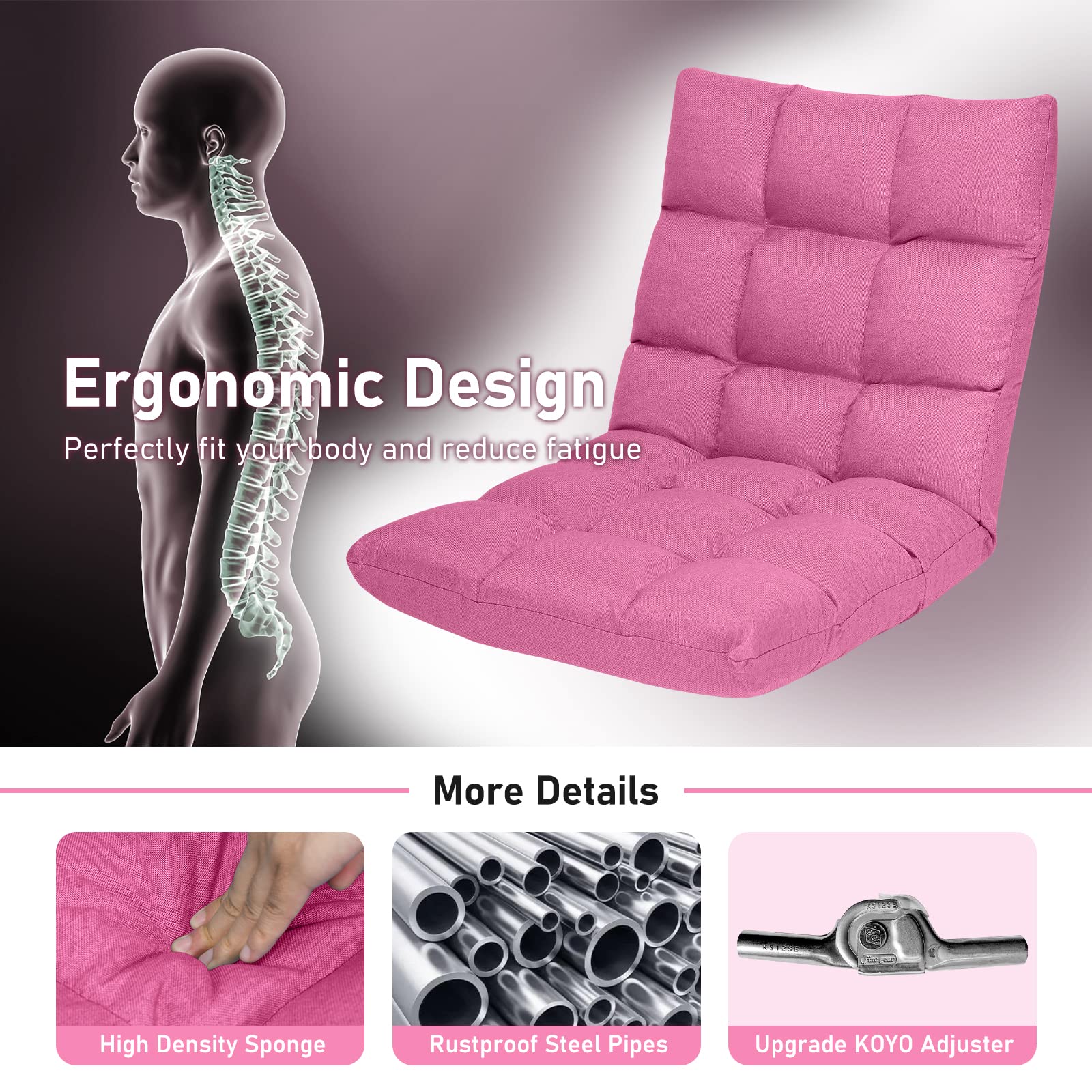 COSTWAY Floor Chair, Folding Gaming Chair with Back Support, 14 Adjustable Positions, Alloy Steel Frame, Lazy Sofa Lounge for Playing Reading Meditating Room Recliner for Adults, Kids (Pink)