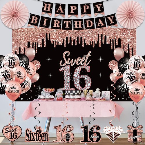 16th Birthday Decorations for Girls, 33pcs Sweet 16 Crown and Sash, Black Rose Gold Happy 16th Birthday Banner Balloons Backdrop Hanging Swirls Paper Fans, Sixteen Party Decorations Kit