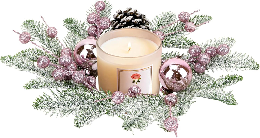 Pink Christmas Candle Rings - 8-Inch Small Wreaths with Pine Cones, Berries & Pine Needles for Holiday Decor