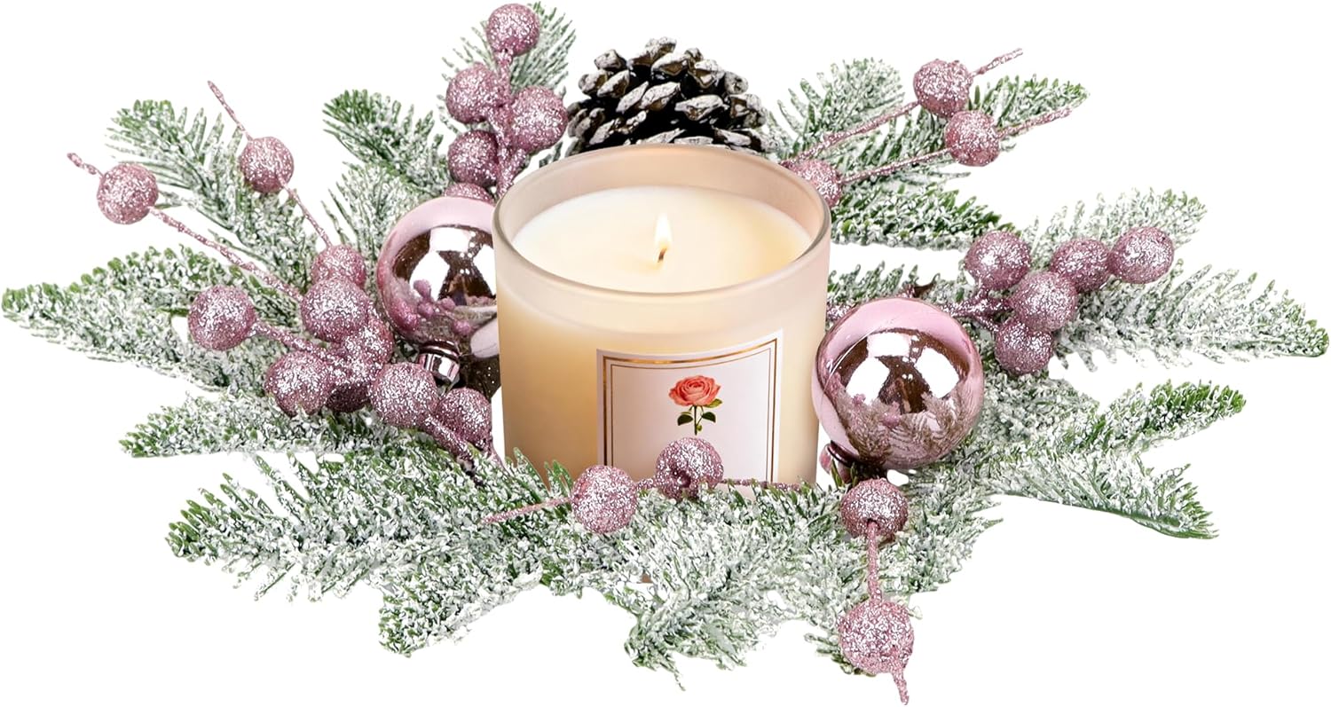 Pink Christmas Candle Rings - 8-Inch Small Wreaths with Pine Cones, Berries & Pine Needles for Holiday Decor