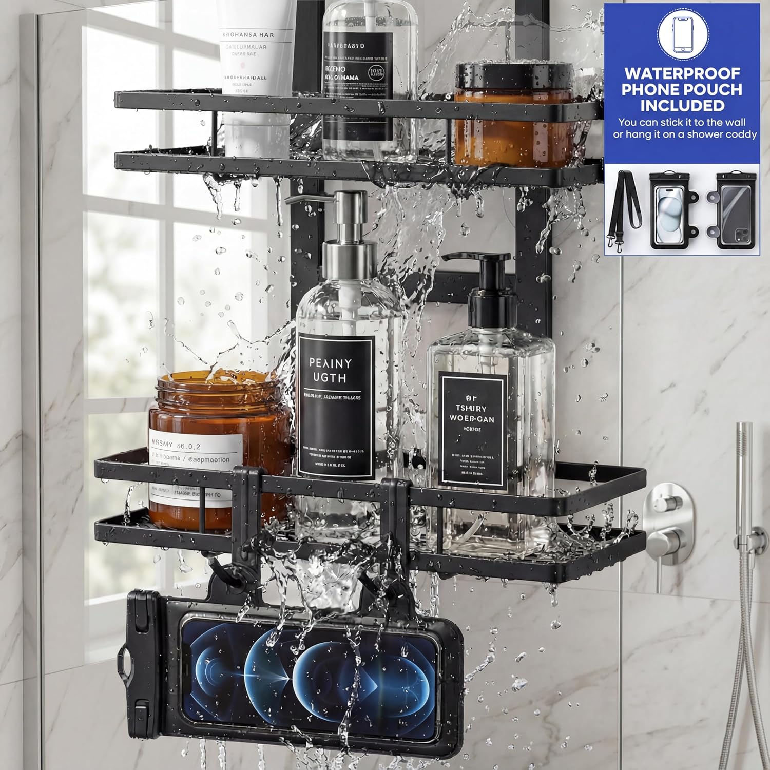 Skiennix Over The Door Shower Caddy - Rustproof 2-Tier Bathroom Organizer with Waterproof Phone Pouch - Black