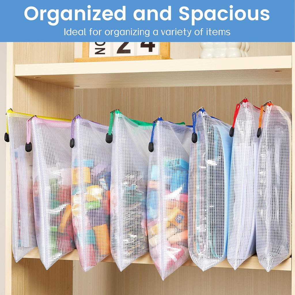 Sooez 24 Pack Mesh Zipper Pouches - Durable A4 Storage Bags with Sticky Labels for Organizing Toys & Games