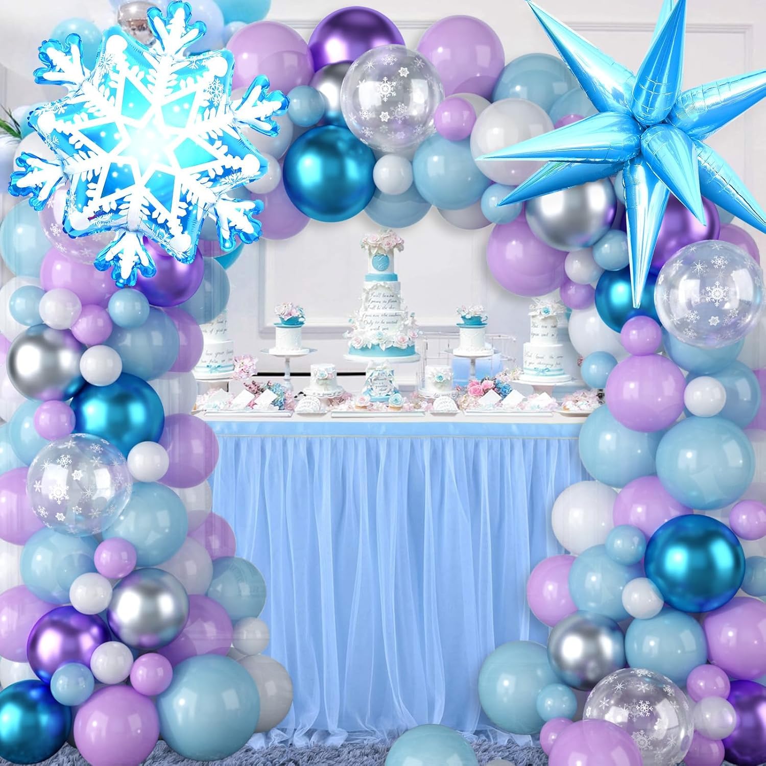 Snow Balloon Garland Arch Kit - Winter Wonderland Decor with Snowflake Balloons in Pearl Blue, Purple & Silver