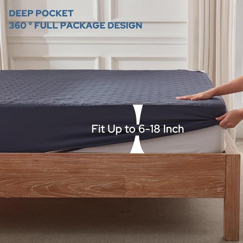 BEDLORE Waterproof Mattress Protector - Noiseless Queen Size Pad with Deep Pocket (6"-18" Depth) | Soft, Breathable, Washable Cover (Navy Blue)