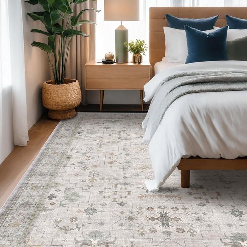 Hazo Haus Boho Living Room Rug - Light Grey Floral Design | Washable 8x10 Non-Slip Area Rug