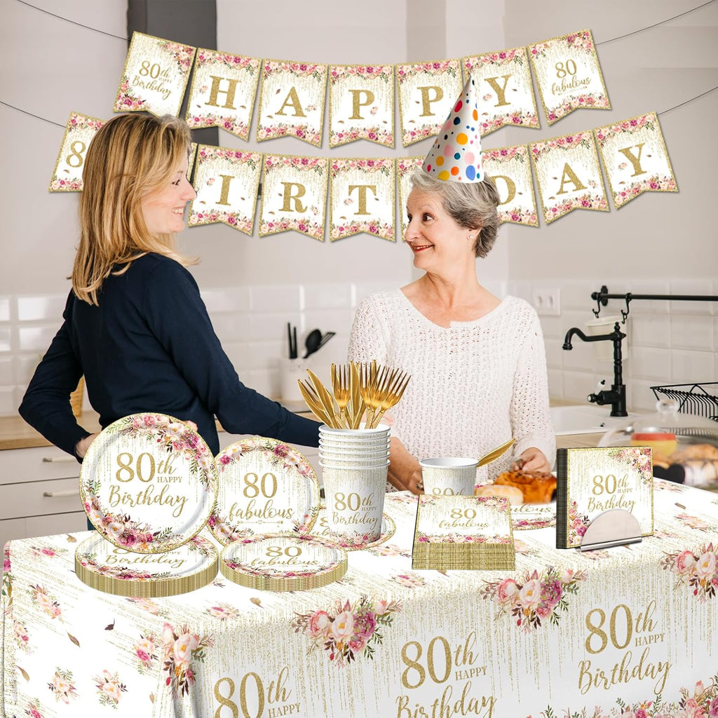 Regine Switzerland 80th Birthday Party Tableware Set - 142 Pcs Rose Gold Decorations | Plates, Napkins & Banner