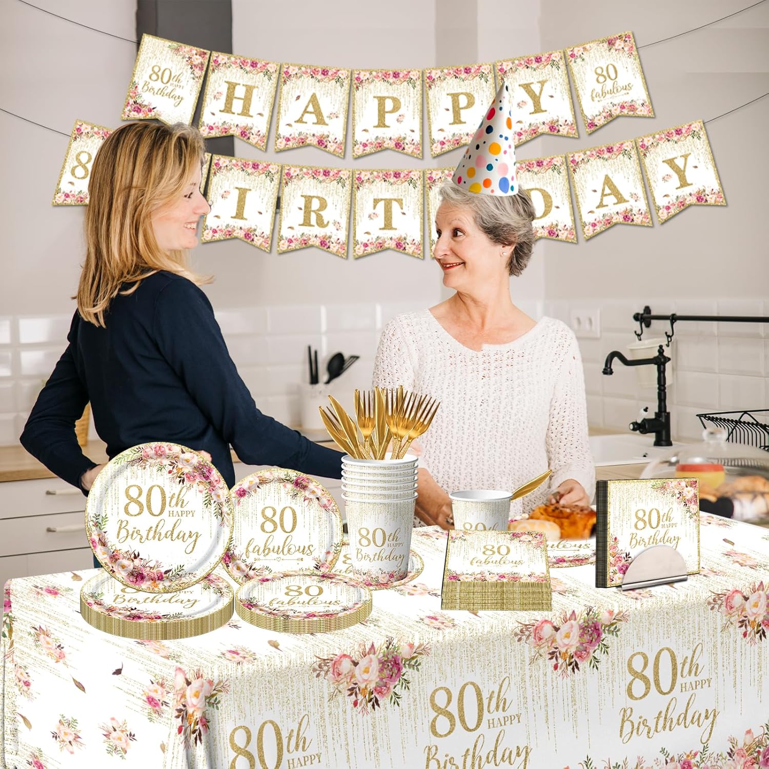 Regine Switzerland 80th Birthday Party Tableware Set - 142 Pcs Rose Gold Decorations | Plates, Napkins & Banner