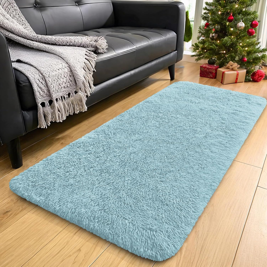 OLANLY 2x8 Machine Washable Runner Rug - Soft Fluffy Shaggy Indoor Carpet for Bedroom & Hallway | Light Blue Decor