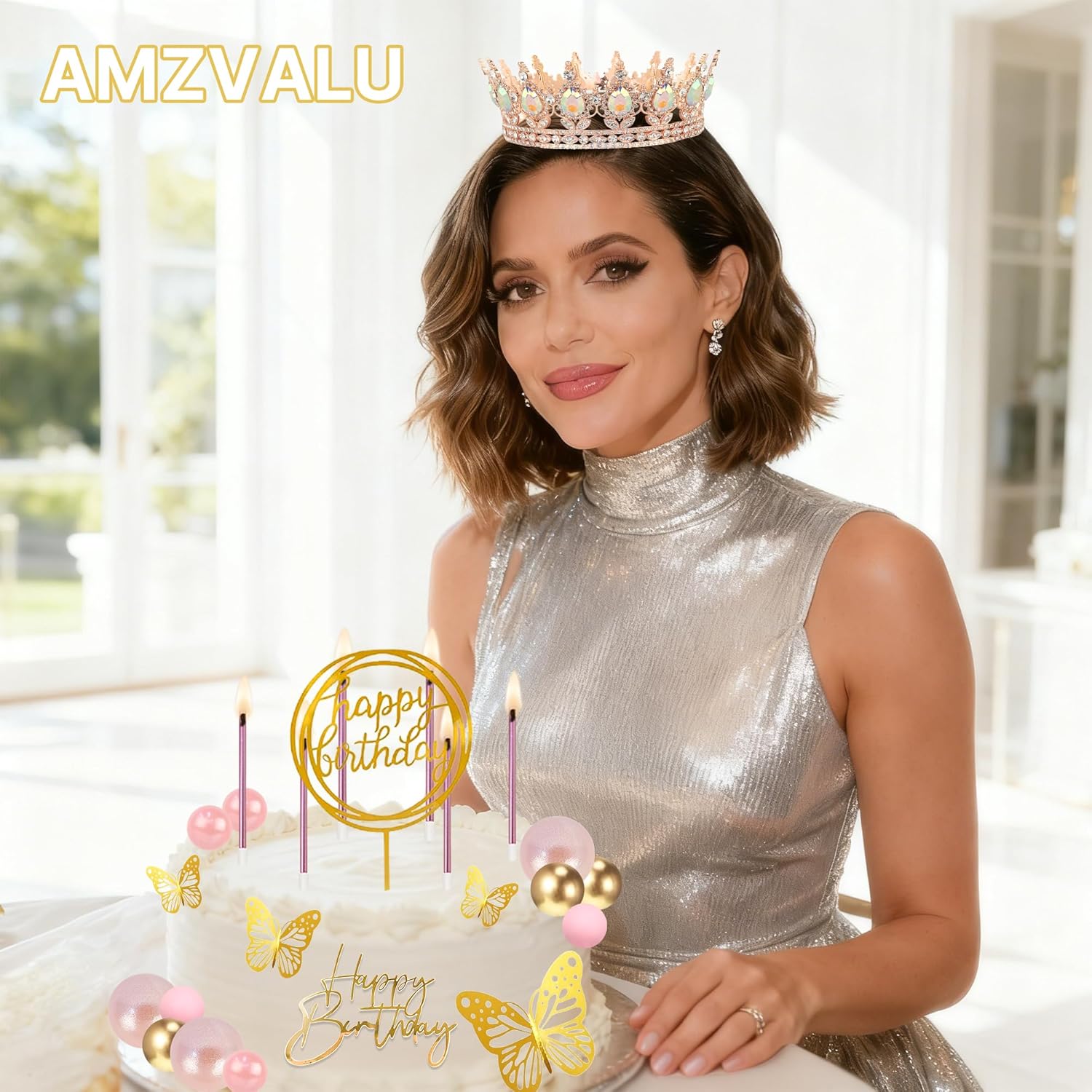 AMZVALU Crown Cake Topper Set - 3 Happy Birthday Decorations with Rose Gold Butterflies & Candles