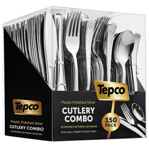 150 Silver Plastic Silverware Set - Disposable Flatware Cutlery - 50 Forks, 50 Spoons, 50 Knives - Heavy Duty Party Bulk
